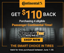 Continental Tire Rebate @PriorityTire - $110 BACK on 4 eligible Passenger Tires